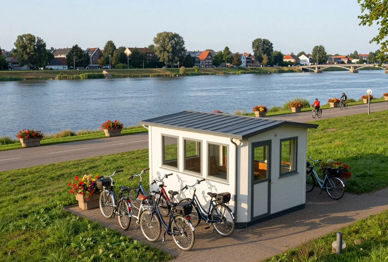 Eine kleine Pension mit Fahrradschuppen, davor mehrere Reiseräder, im Hintergrund der Elbdeich