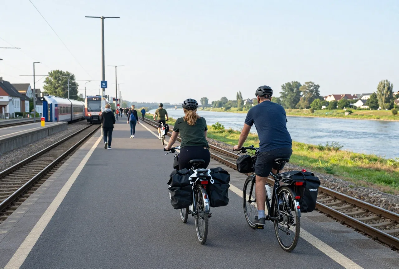 Zwei Radreisende schieben ihre beladenen Räder auf einem Bahnsteig auf einen einfahrenden Zug zu, Ansicht von hinten