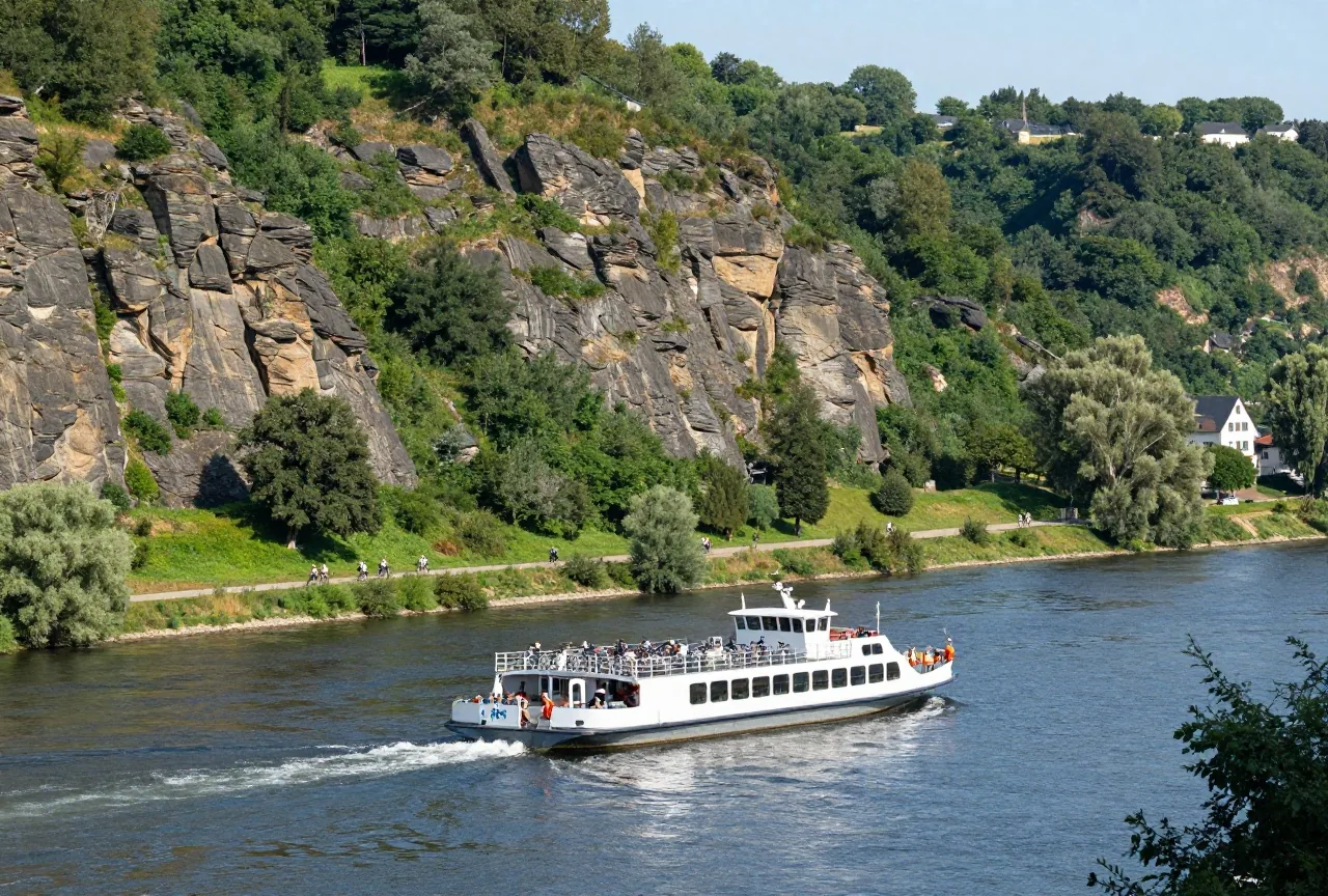 Eine kleine Personenfähre mit Fahrrädern an Bord überquert die Elbe unterhalb von Sandsteinfelsen