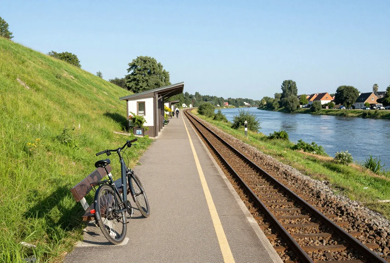 Ein kleiner Bahnhof mit einem Gleis in hügeliger Landschaft, ein Reiserad lehnt an einer Holzbank