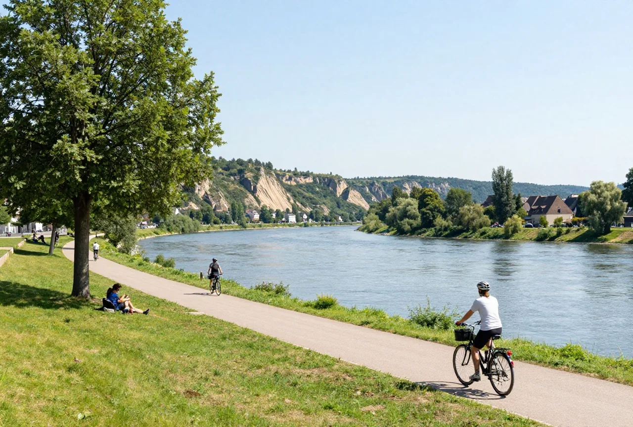 Ein Radfahrer rastet im Schatten einer großen Linde an einem Radweg im Elbtal, im Hintergrund Sandsteinfelsen