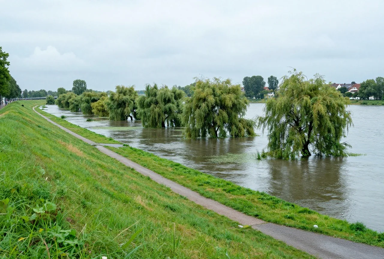 Eine teilweise überflutete Flussaue mit Weiden im Wasser, darüber ein trockener Weg auf dem Deich