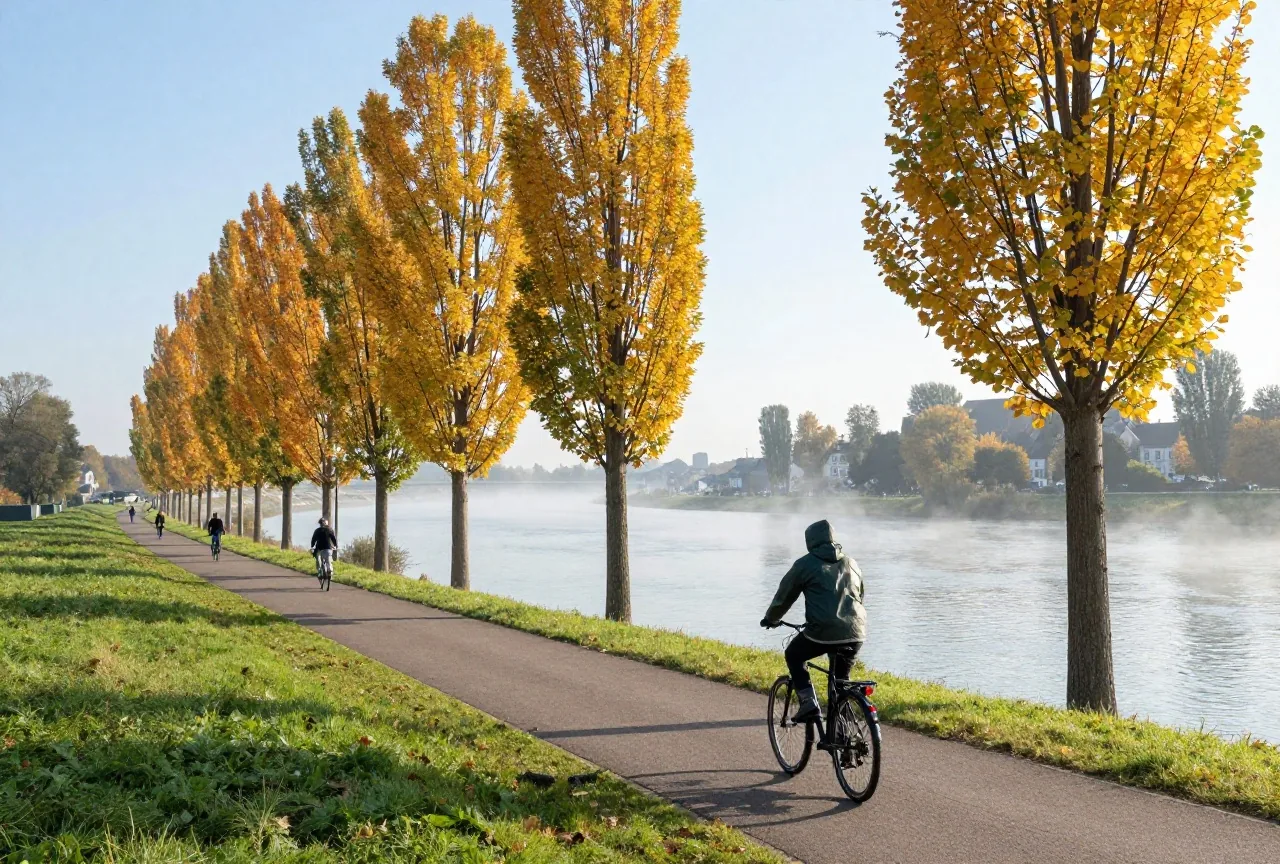 Eine Flusslandschaft im Herbst mit goldenen Pappeln am Deich und Morgennebel, ein Radfahrer fährt davon