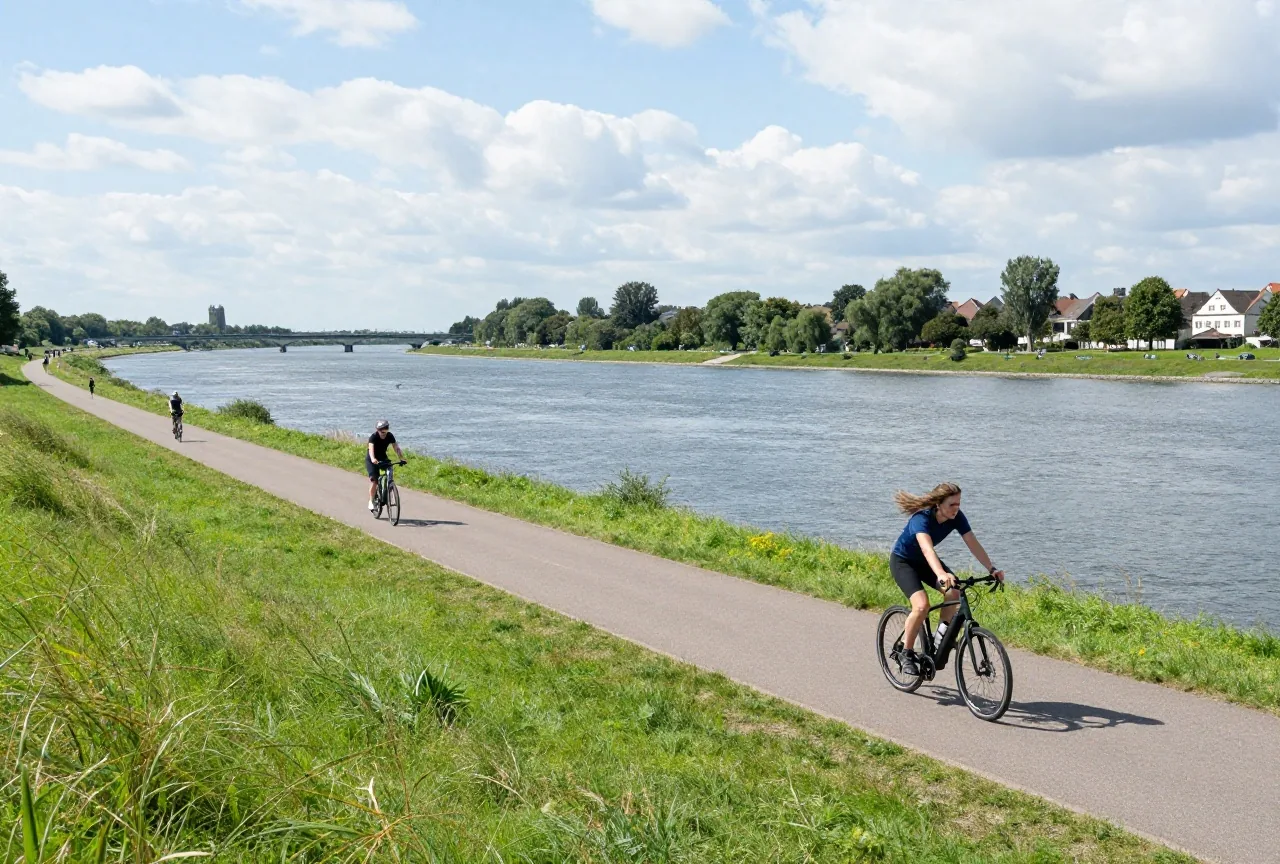 Zwei Radfahrende auf Elektrorädern fahren auf einem langen geraden Deichweg gegen den Wind