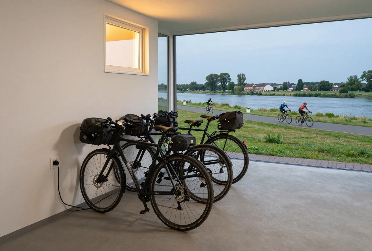 Ein Fahrradakku lädt in einem Abstellraum einer Pension, daneben stehen mehrere Reiseräder in einer Reihe