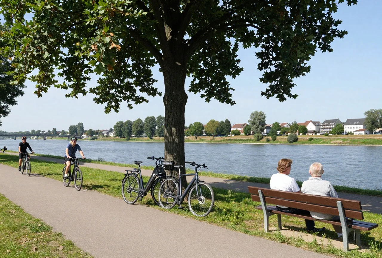 Zwei Elektroräder lehnen im Schatten einer Eiche am Radweg, ein Paar rastet auf einer Holzbank