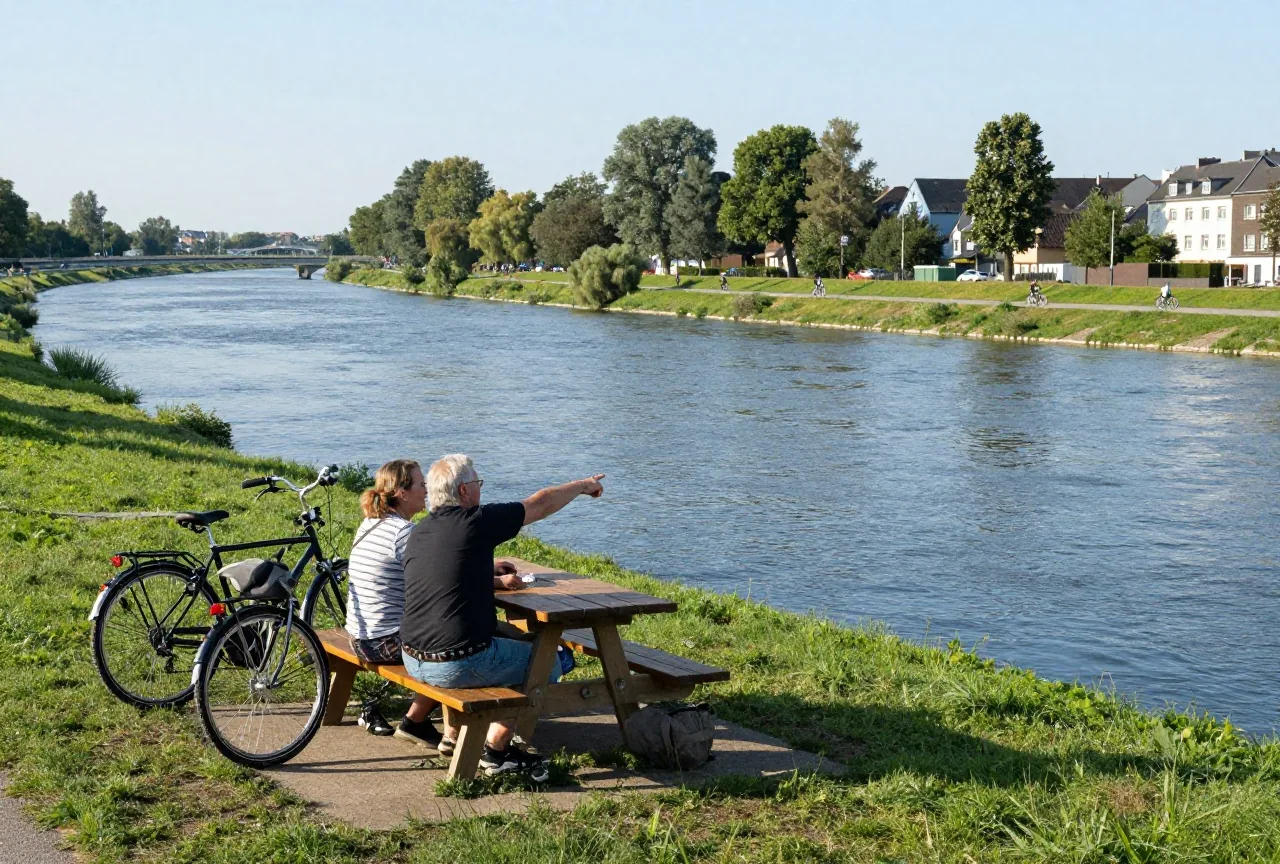 Ein Paar sitzt an einem Picknicktisch auf dem Deich, der Mann zeigt flussabwärts, daneben lehnen zwei Reiseräder