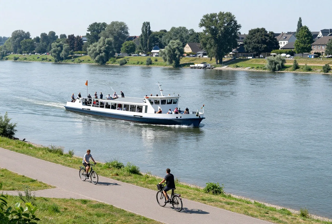 Eine kleine Fähre überquert einen breiten Fluss mit Sandbänken, am Anleger warten zwei Radfahrende mit ihren Rädern