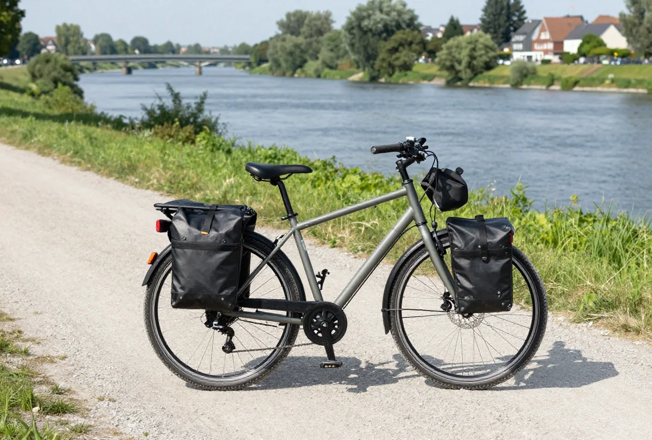 Ein Reiserad mit Schutzblechen, Licht, Gepäckträger und zwei Packtaschen steht auf einem Kiesweg am Fluss