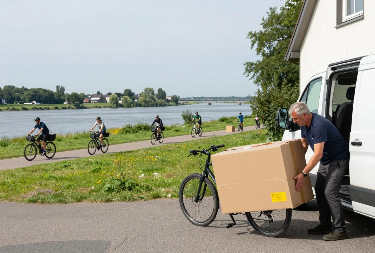 Ein in einen großen Karton verpacktes Fahrrad wird vor einem Haus zu einem Lieferwagen getragen