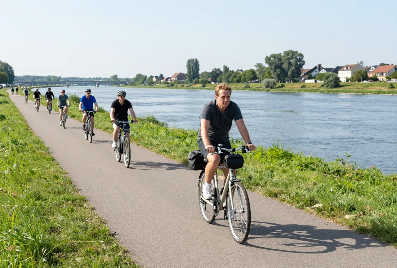 Ein Radfahrer mit nur einer kleinen Lenkertasche fährt auf einem ruhigen Radweg am Fluss