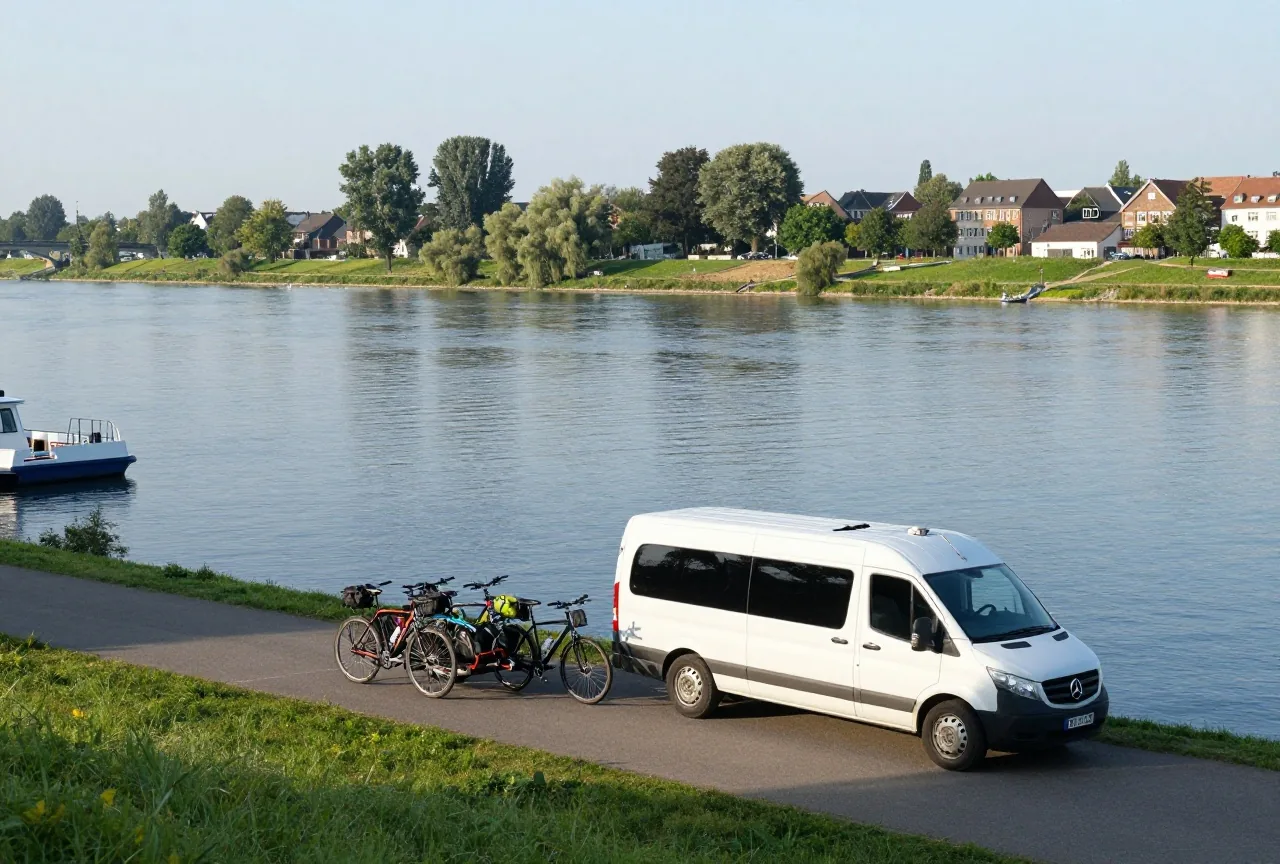 Ein Kleinbus mit Fahrradanhänger und vier Reiserädern parkt an einem Fähranleger am Fluss