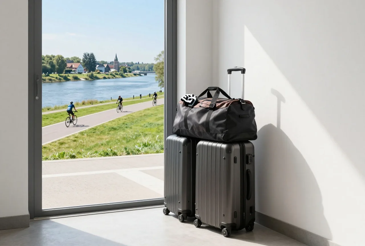 Ein gepackter Koffer und eine Reisetasche stehen abholbereit im Flur neben der Haustür