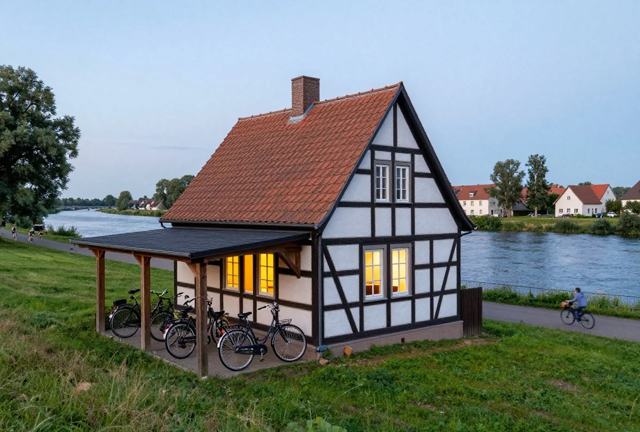 Eine kleine Fachwerkpension in einem Dorf an der Elbe, daneben Fahrräder in einem überdachten Holzschuppen