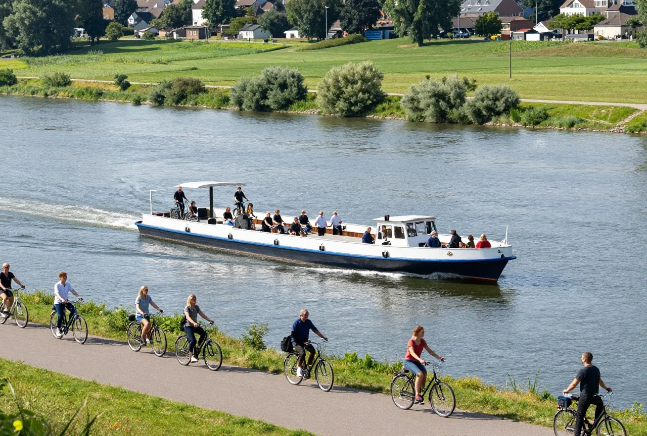 Eine kleine Gierseilfähre auf der Elbe, Radfahrende stehen mit ihren Rädern auf dem Deck