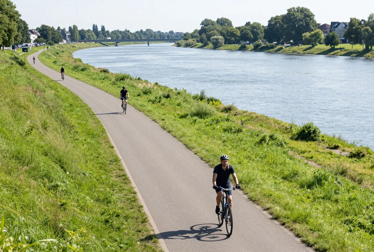 Ein glatter asphaltierter Radweg schlängelt sich durch flache Wiesen an der Elbe, in der Ferne einige Radfahrende
