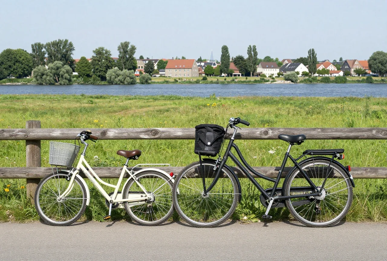 Ein kleines Fahrrad und ein Reiserad mit Sitz auf dem Gepäckträger lehnen an einem Holzzaun am Wiesenrand