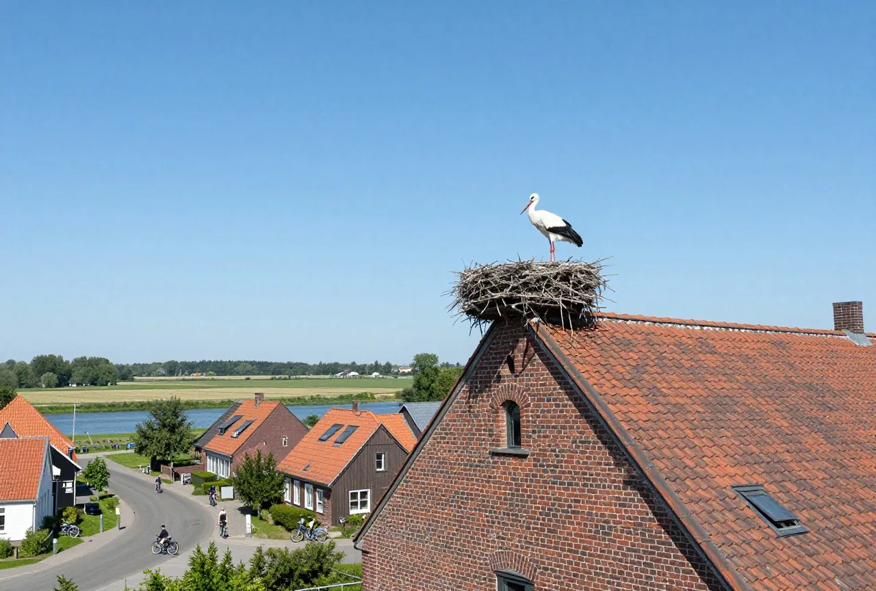 Ein Weißstorch steht in seinem Nest auf dem Dach einer alten Backsteinscheune, unten parken Fahrräder