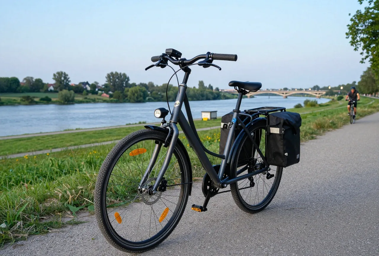 Ein Reiserad mit Scheinwerfer, Gepäckträger, Reflexstreifen an den Reifen und gelben Pedalreflektoren in der Dämmerung