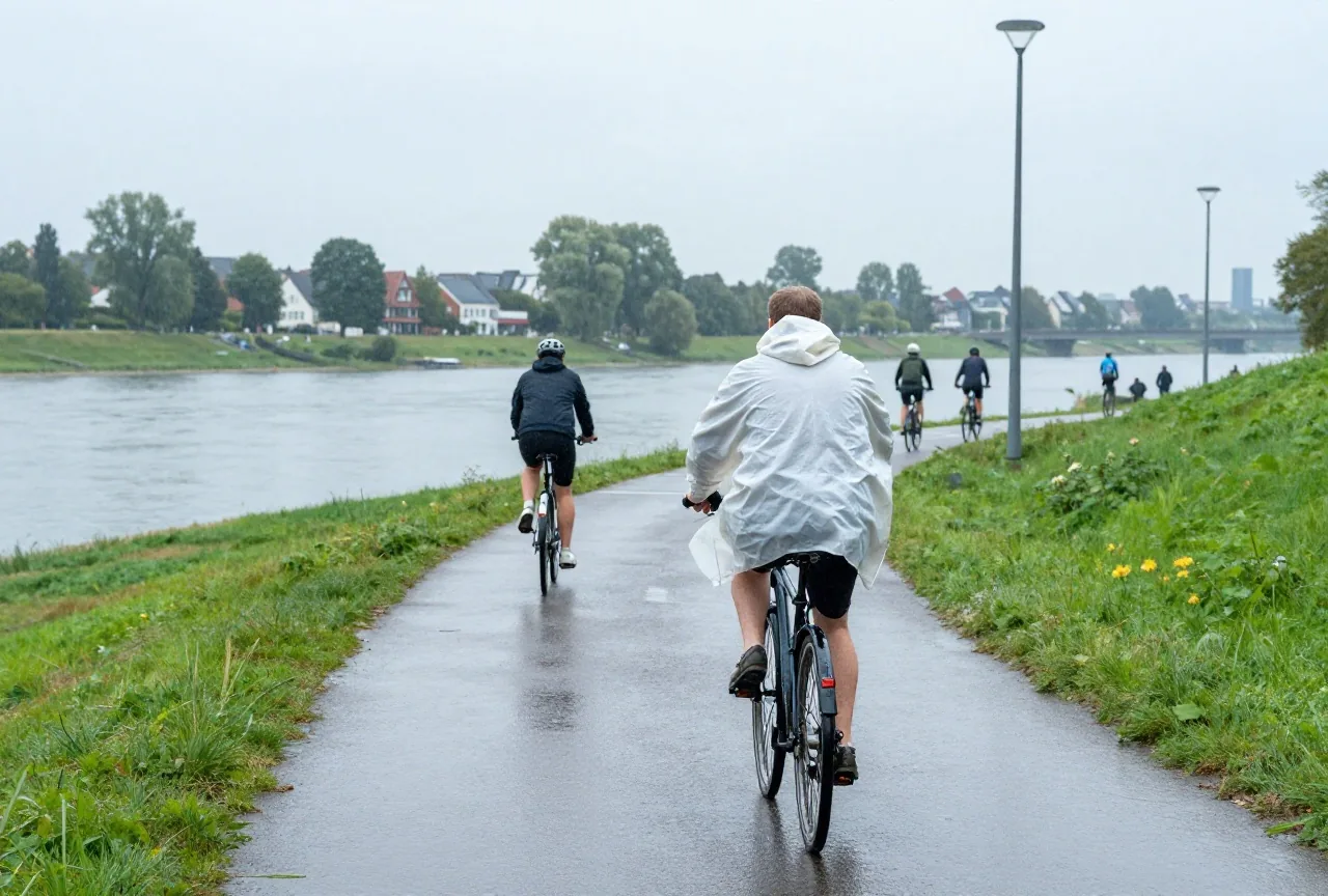 Eine Radfahrerin im Regencape fährt bei Nieselregen auf einem Deich, Pfützen auf dem Weg