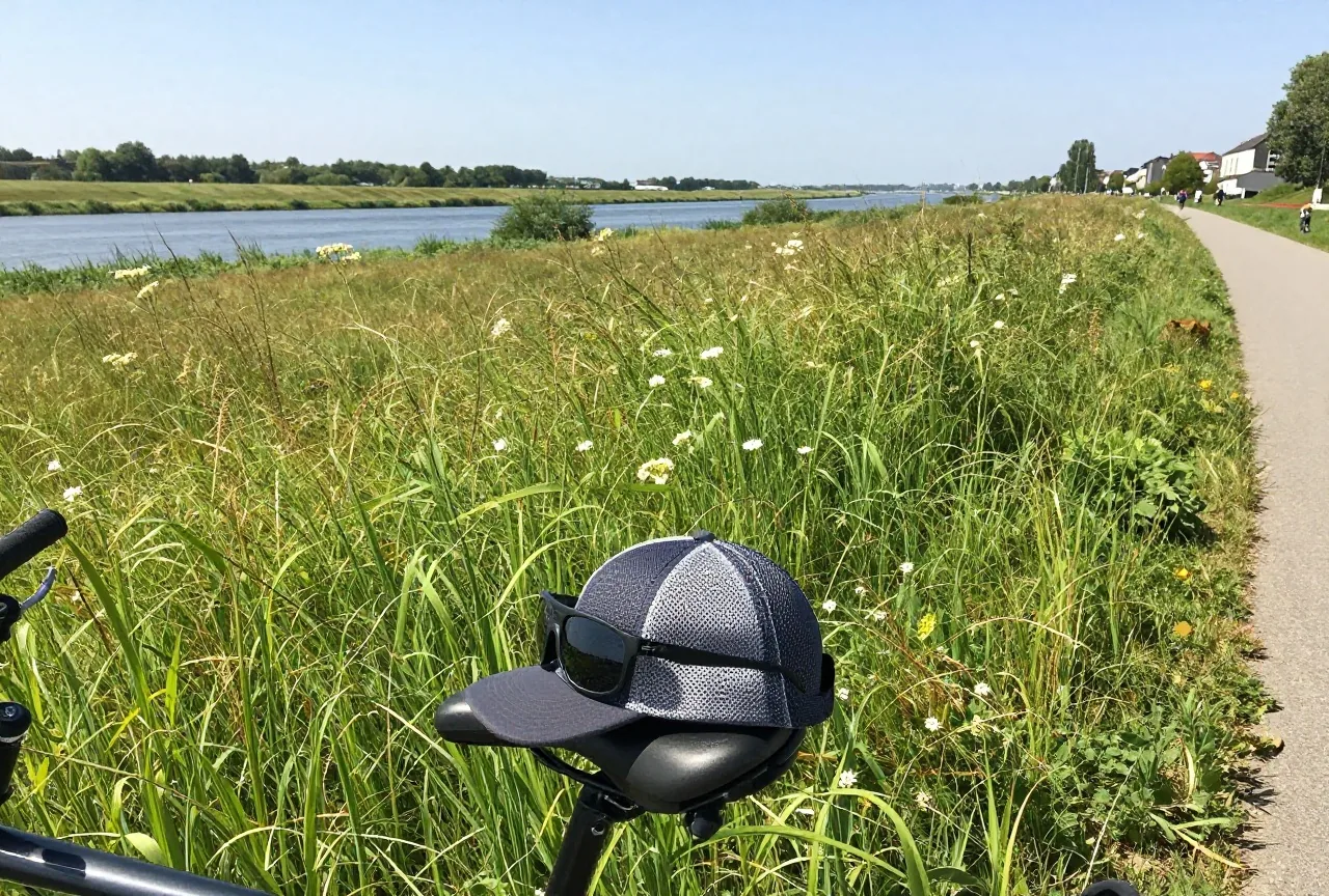 Eine sonnige Auenwiese mit hohem Gras, im Vordergrund liegen eine Mütze und eine Sonnenbrille auf einem Fahrradsattel