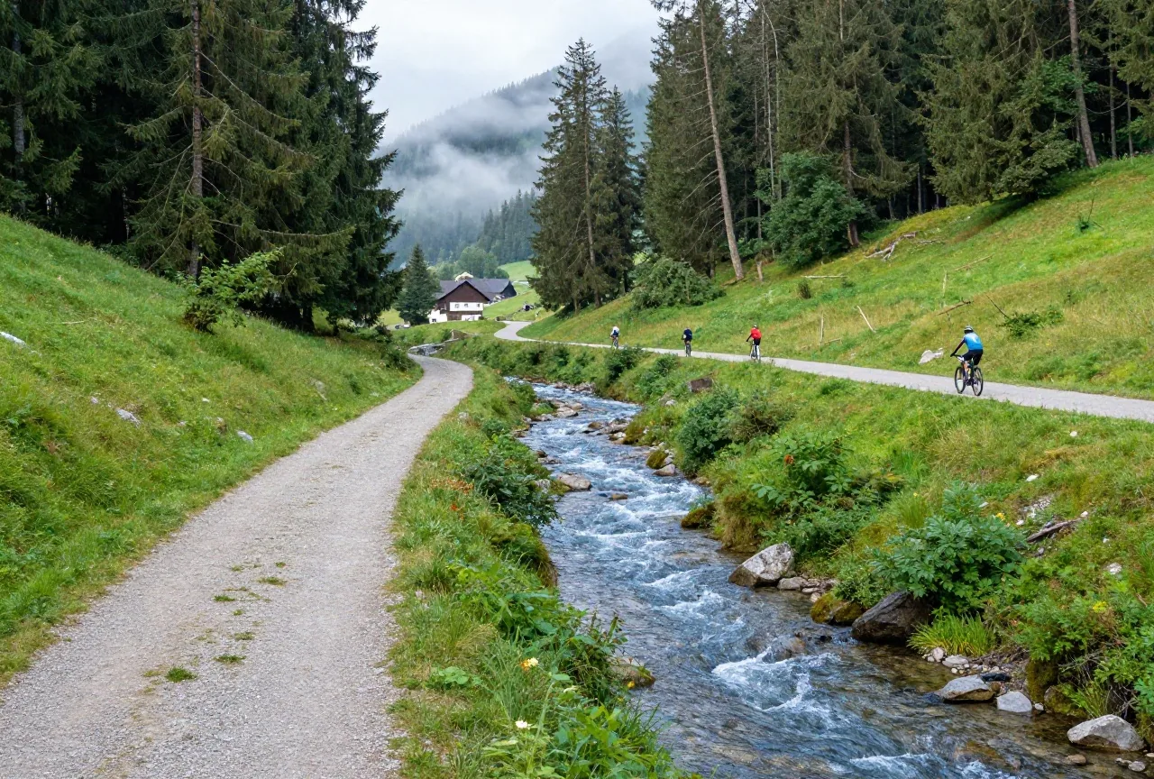 Ein schmaler Gebirgsbach zwischen Fichten im Riesengebirge, daneben ein Schotterweg im Morgennebel