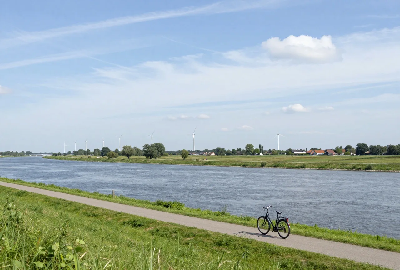 Eine flache Flusslandschaft mit langem Deich, ziehende Wolken am Himmel und ein abgestelltes Fahrrad