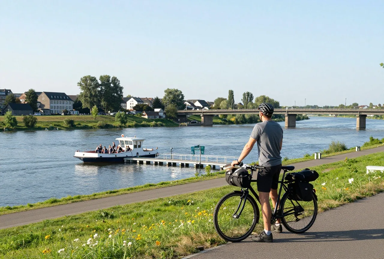 Ein Radfahrer steht neben seinem Reiserad auf einem Deich und blickt zu Fähranleger und Brücke