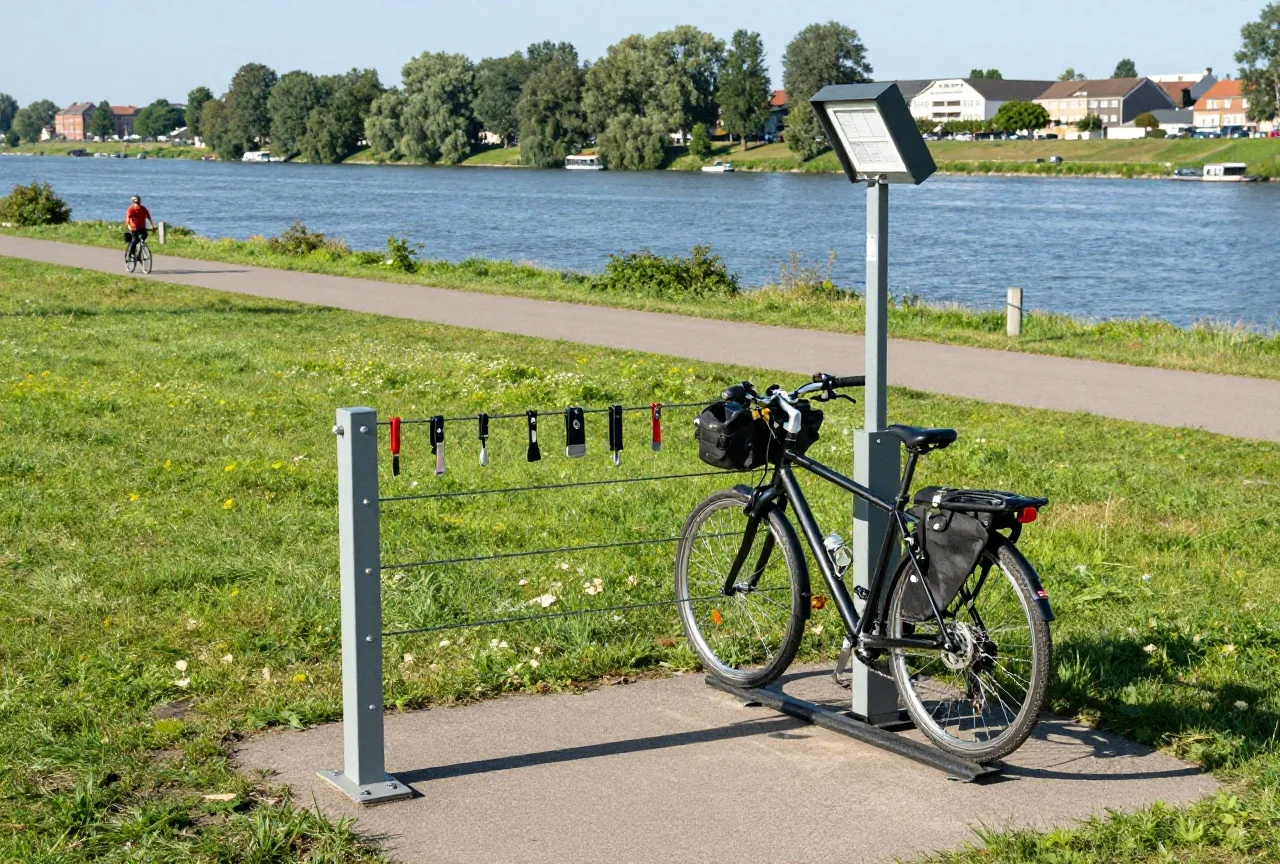 Eine öffentliche Reparaturstation mit Werkzeug und Luftpumpe an einem Rastplatz, ein Reiserad hängt im Ständer