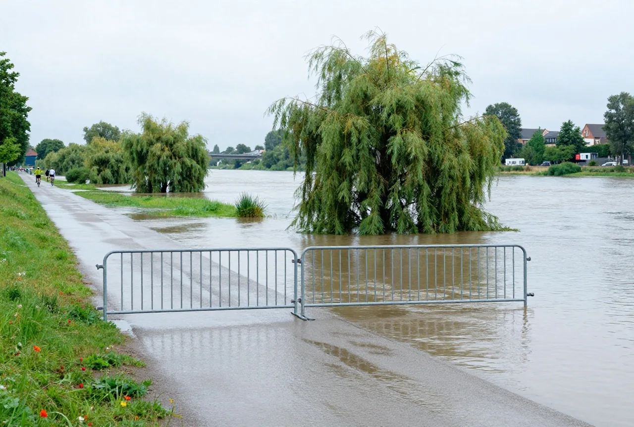 Ein überfluteter Radweg am Fluss mit einer geschlossenen Absperrung, Weiden stehen im Wasser
