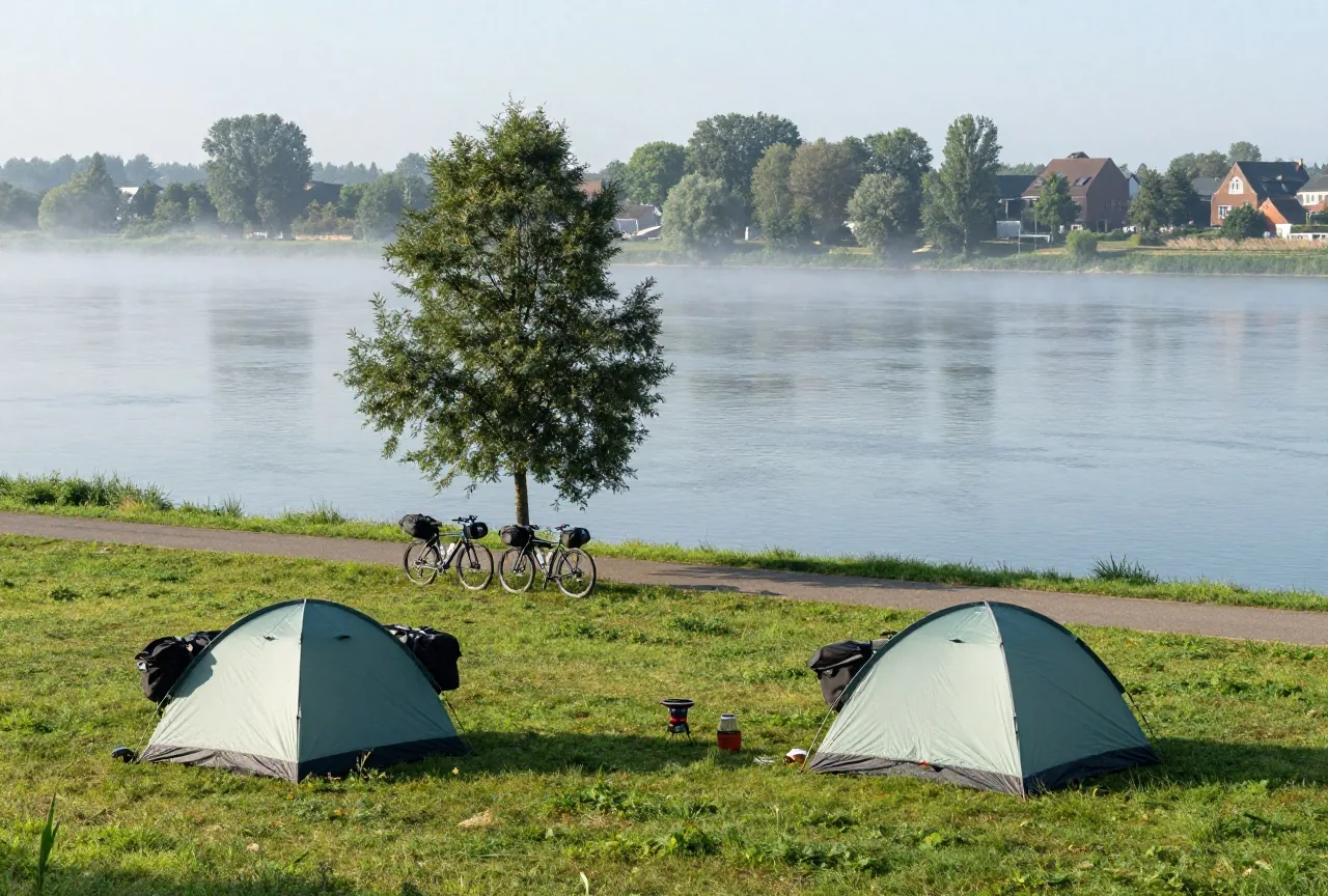 Zwei kleine Zelte auf einer Wiese am breiten Fluss, beladene Reiseräder an einem Baum, Morgennebel über dem Wasser