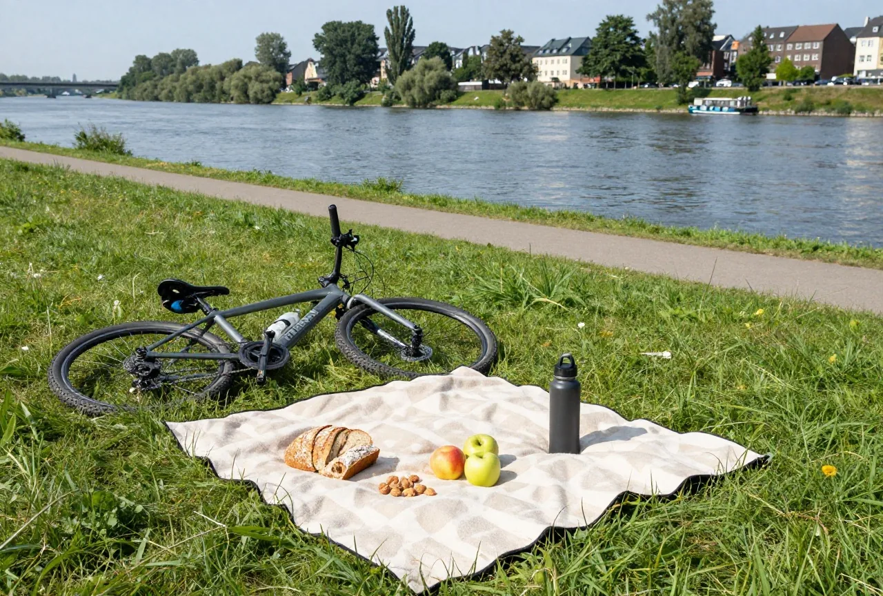 Ein Picknick auf einer Decke am Elbufer mit Brot, Äpfeln, Nüssen und Trinkflasche, daneben ein beladenes Reiserad