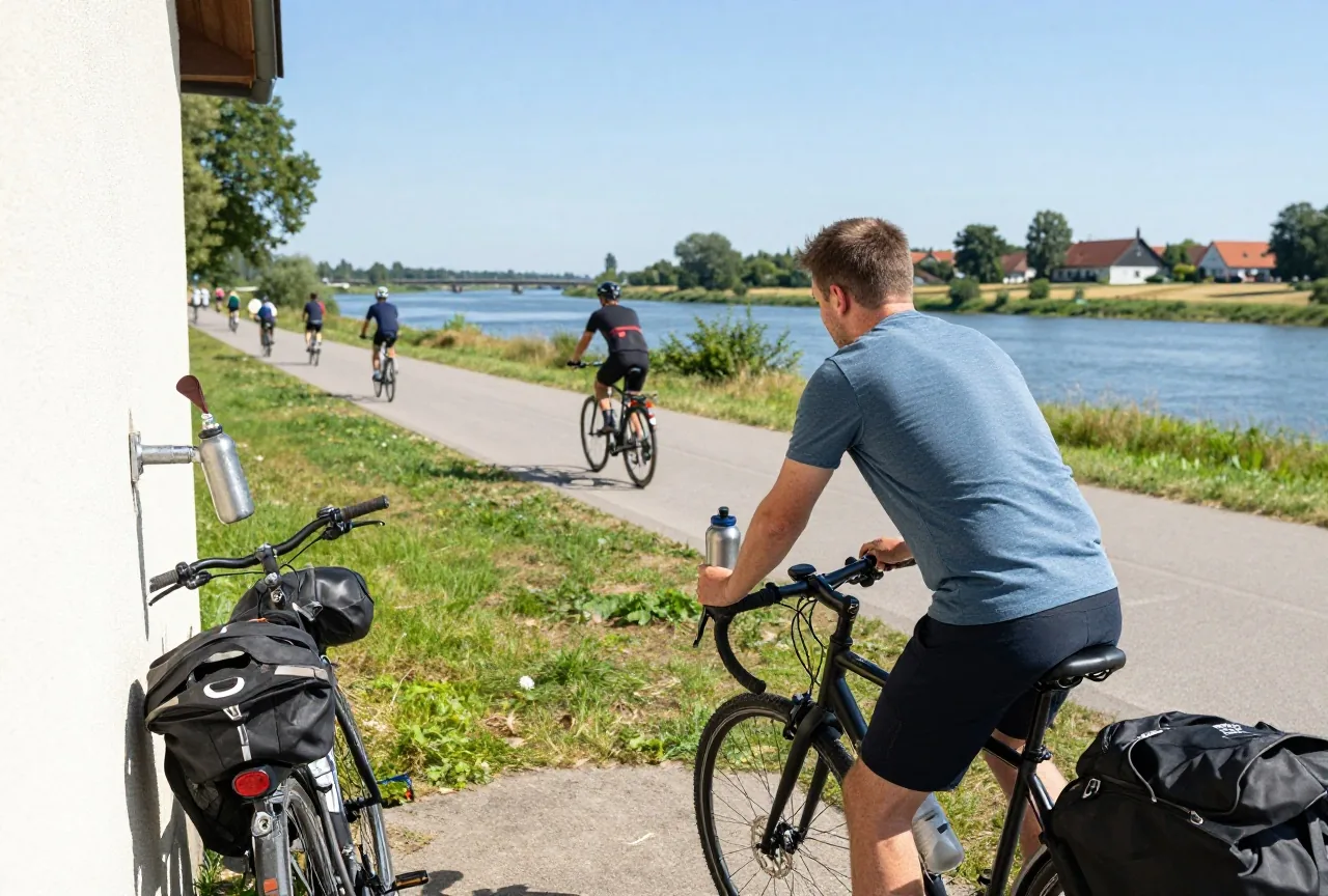 Ein Radfahrer von hinten füllt an einem Wasserhahn im Hof einer Pension seine Trinkflasche auf, daneben sein Reiserad