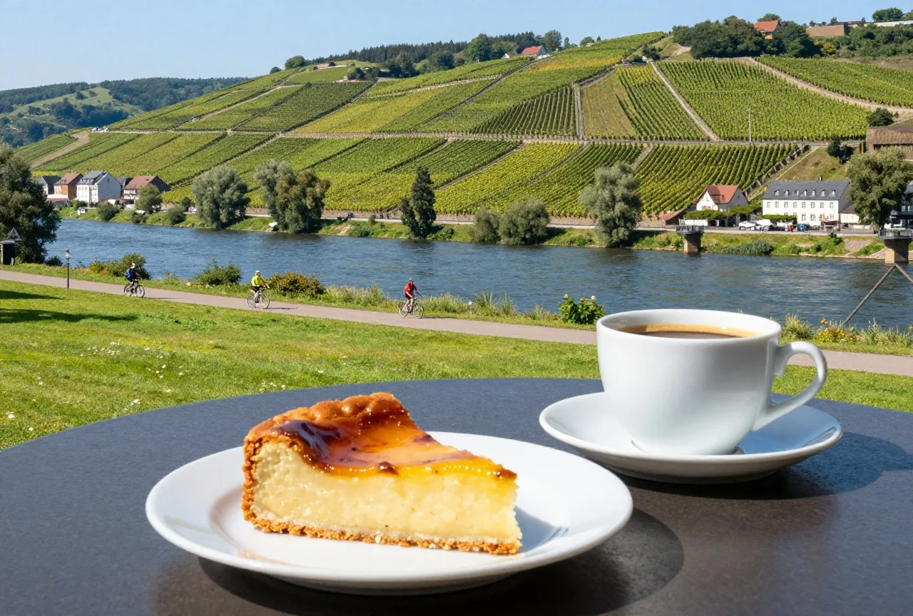 Ein Stück Eierschecke und eine Tasse Kaffee auf einem Gartentisch, im Hintergrund Weinbergterrassen über der Elbe