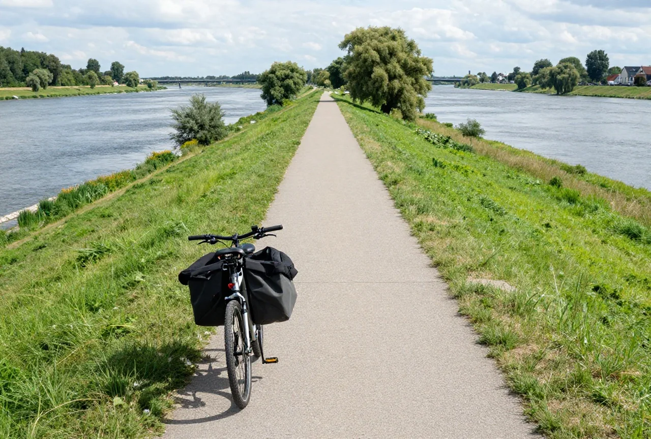 Ein Weg aus grauen Betonplatten auf einem grasbewachsenen Deich, vorn ein beladenes Reiserad, dahinter weite Auenwiesen