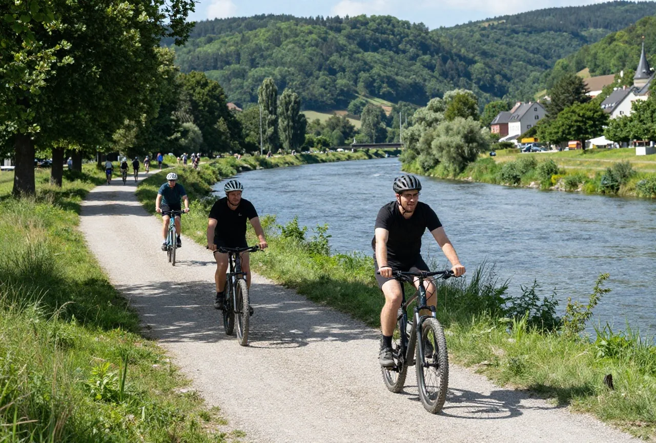 Ein schmaler Schotterweg am Fluss durch Laubwald in einem hügeligen Tal, eine Radfahrerin auf einem Trekkingrad