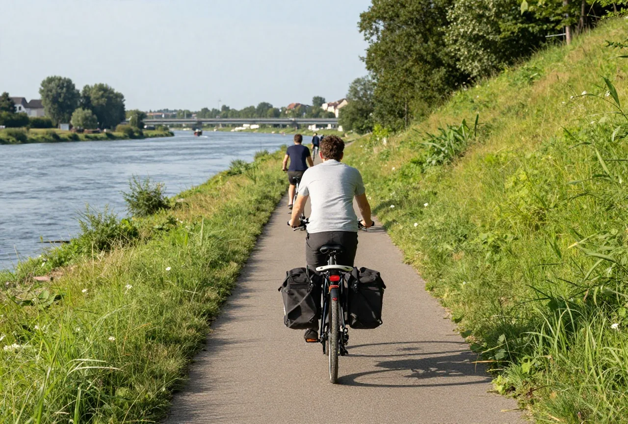 Ein Radfahrer von hinten schiebt sein beladenes Rad auf einem schmalen Uferpfad zwischen hohem Gras und bewaldetem Hang