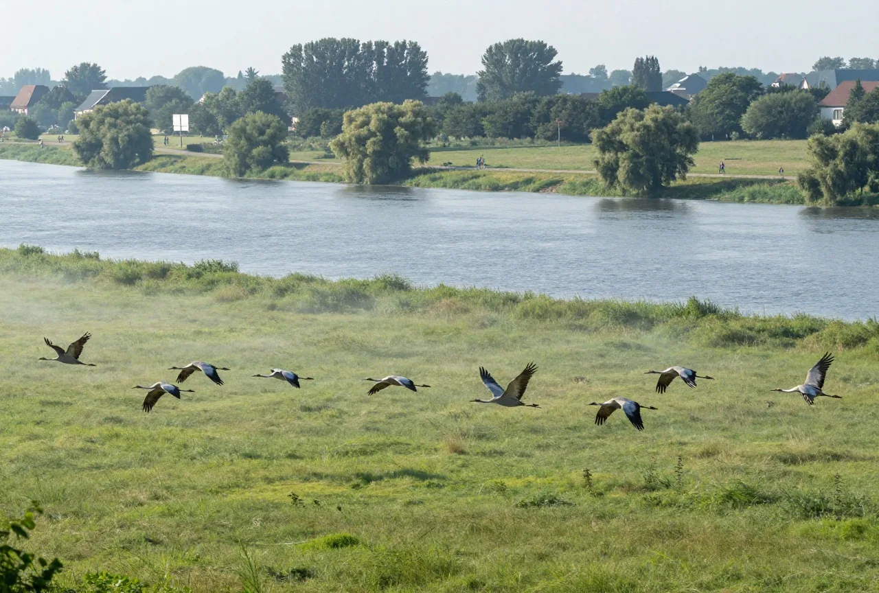 Ein Schwarm Kraniche fliegt bei Sonnenaufgang tief über flache Auenwiesen mit alten Weiden an der Elbe