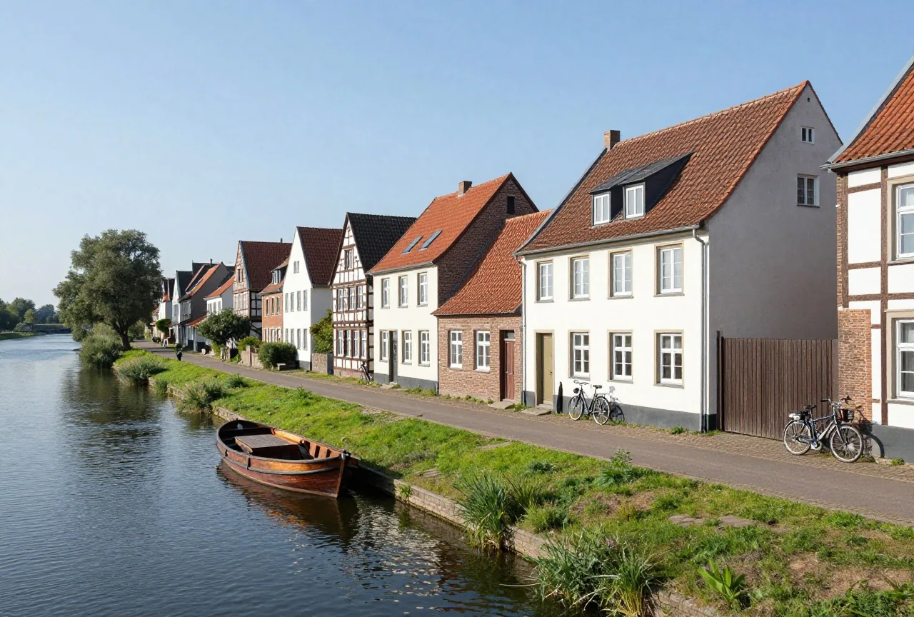 Alte Fachwerkhäuser an einer gepflasterten Gasse am Ufer, ein Holzboot am Wasser, zwei Reiseräder an einer Mauer