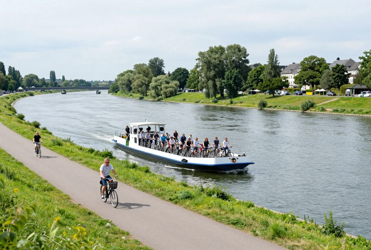 Eine kleine flache Fähre bringt Radfahrende mit beladenen Rädern über die breite Elbe