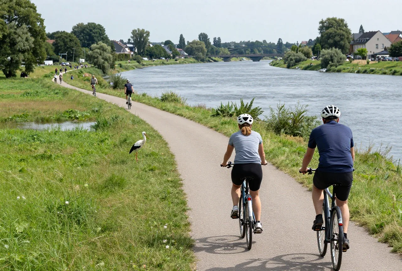 Ein ruhiger Radweg auf einem Deich an einer Flussmündung, in der feuchten Wiese stakst ein Storch