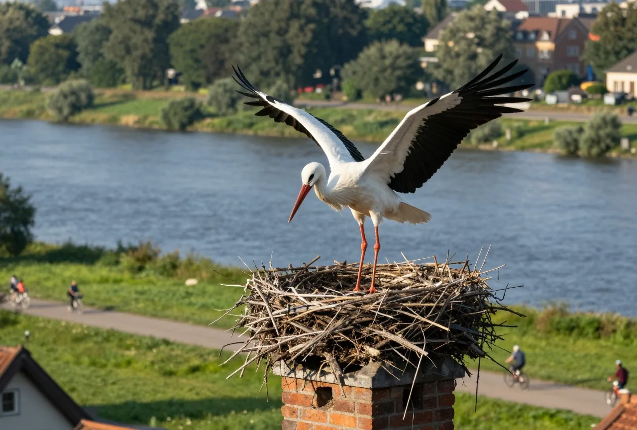 Ein Weißstorch landet mit ausgebreiteten Flügeln auf einem großen Nest auf einem Schornstein im Abendlicht