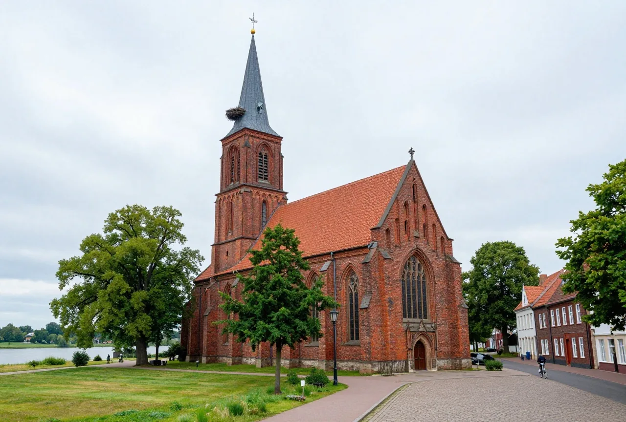 Eine spätgotische Dorfkirche aus Backstein, auf einem Dach daneben ein Storchennest, alte Bäume am Platz