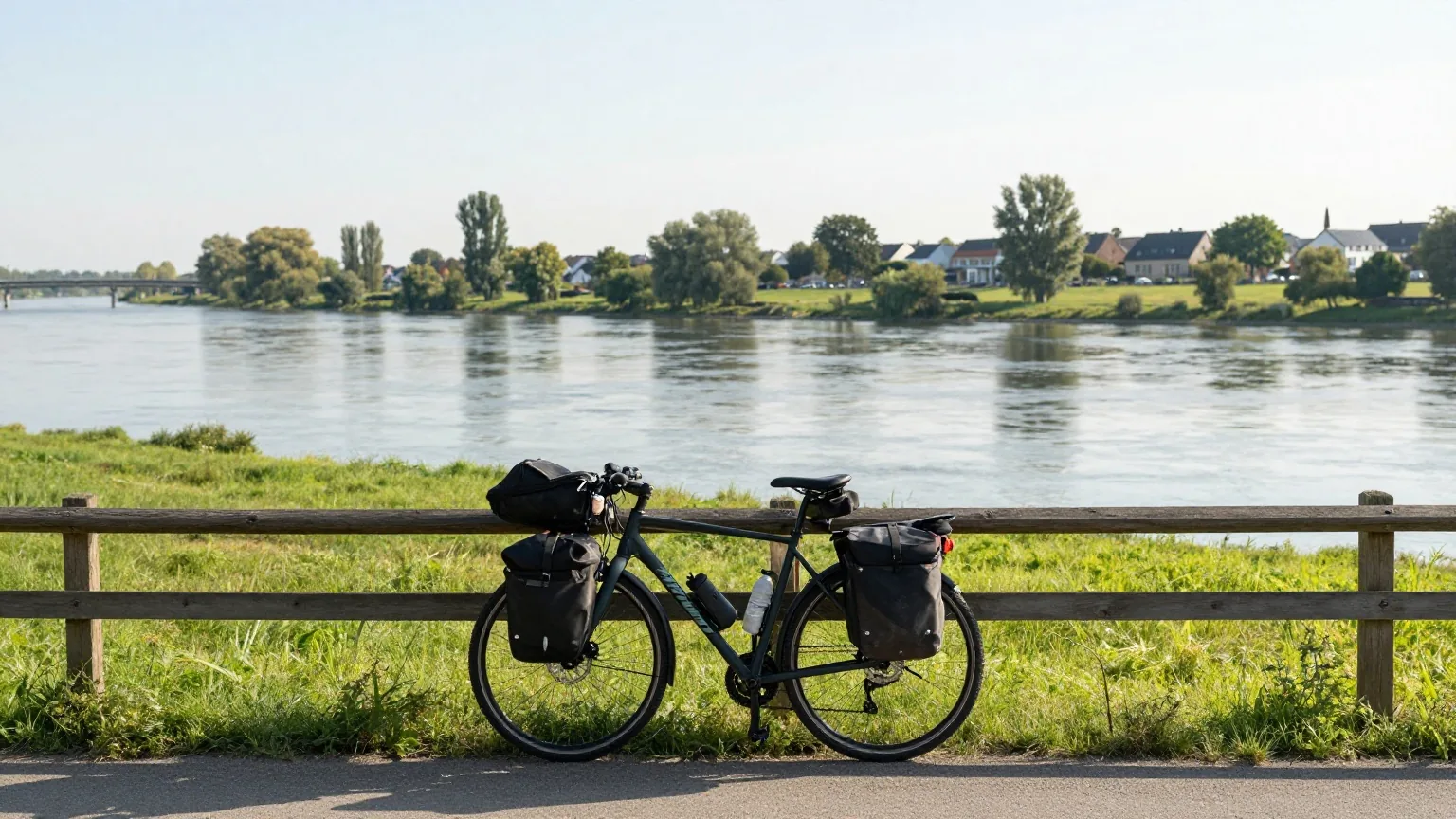 Ein Reiserad mit zwei gepackten Taschen lehnt an einem Holzzaun auf einer Wiese an der Elbe