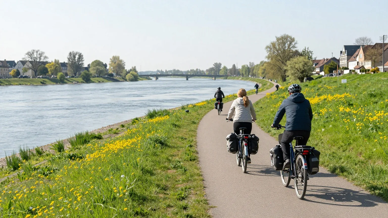 Ein Radweg auf einem Deich an einem breiten Fluss im Frühling, daneben eine blühende Wiese, zwei Radreisende von hinten