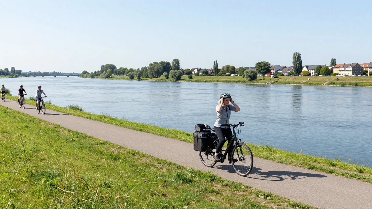 Ein Reiserad mit Elektroantrieb und Packtaschen steht auf einem Deich über einem breiten Fluss, daneben richtet eine Frau ihren Helm