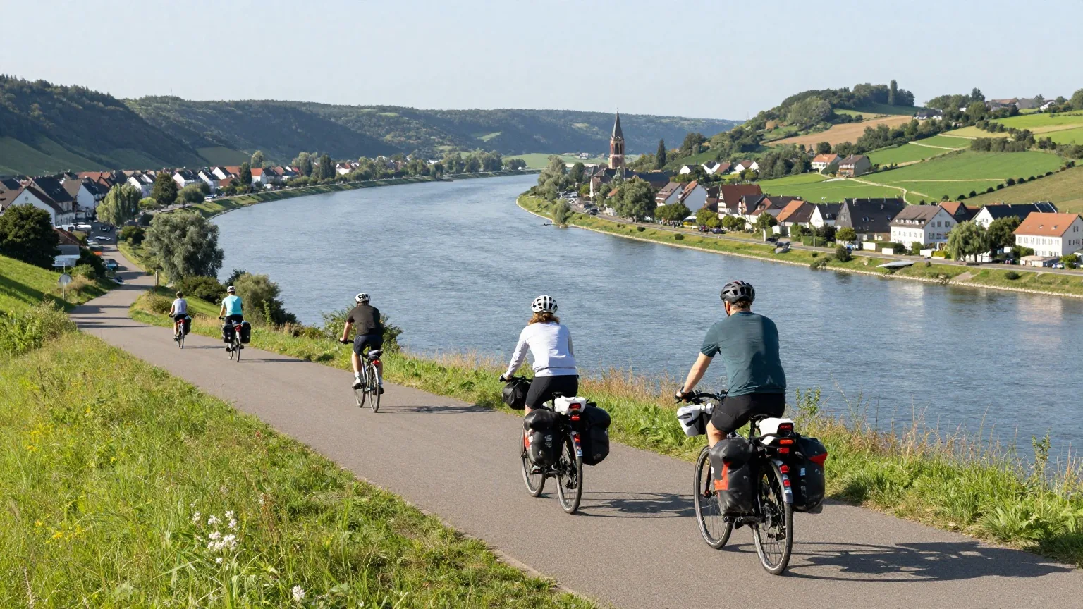 Ein Radweg schlängelt sich durch ein weites Flusstal mit Dörfern, im Vordergrund zwei Radreisende mit Packtaschen von hinten