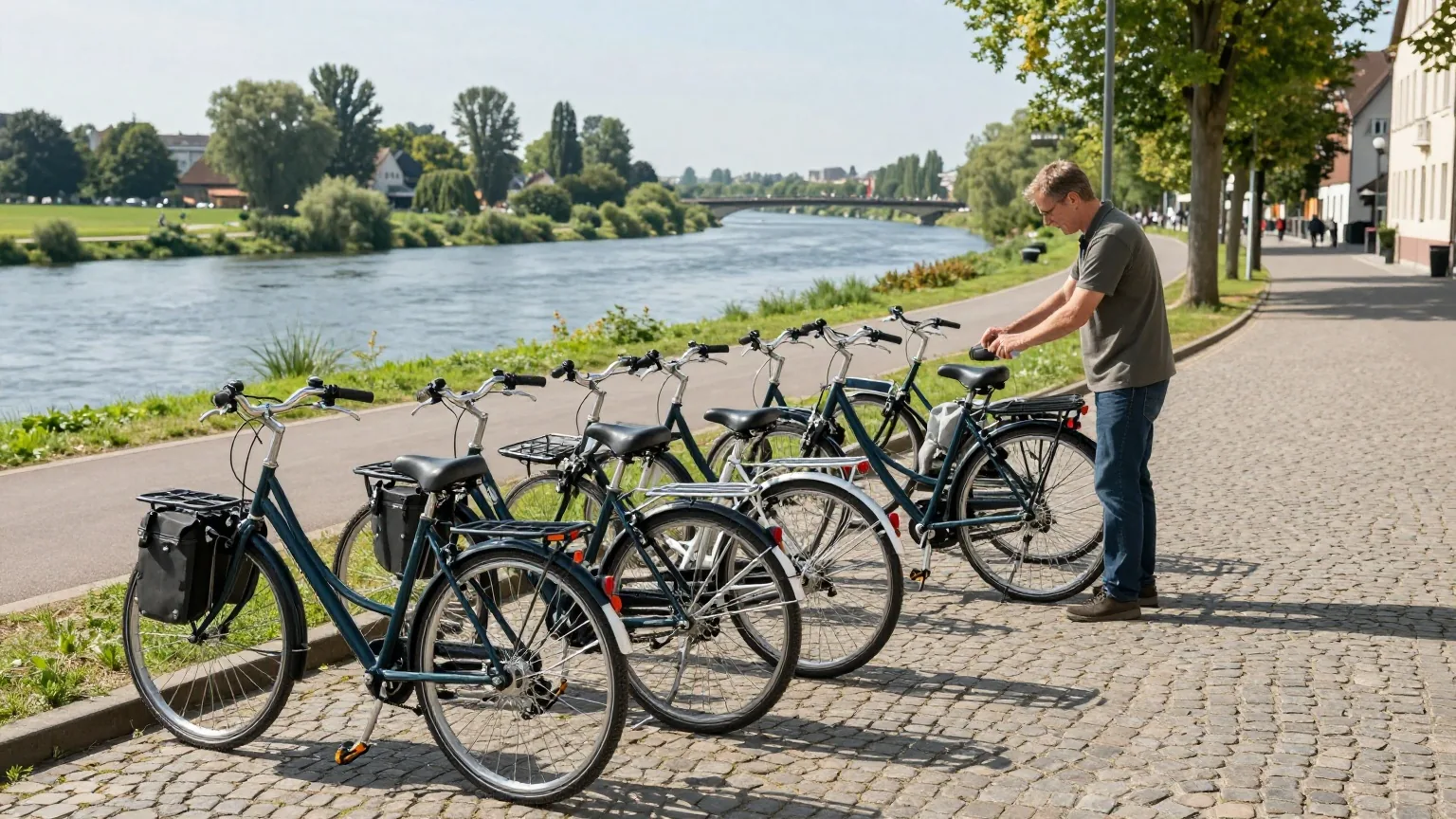 Ein kleiner Fahrradverleih in einer Altstadt am Fluss, ein Mitarbeiter stellt einem Kunden den Sattel eines Reiserads ein