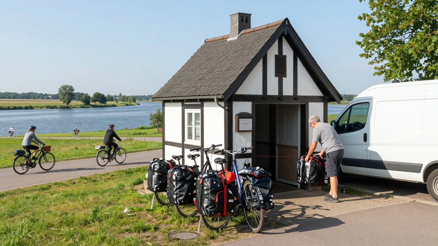 Reisetaschen und Packtaschen stehen morgens vor einer kleinen Fachwerkpension, ein Fahrer hebt eine Tasche in einen Transporter
