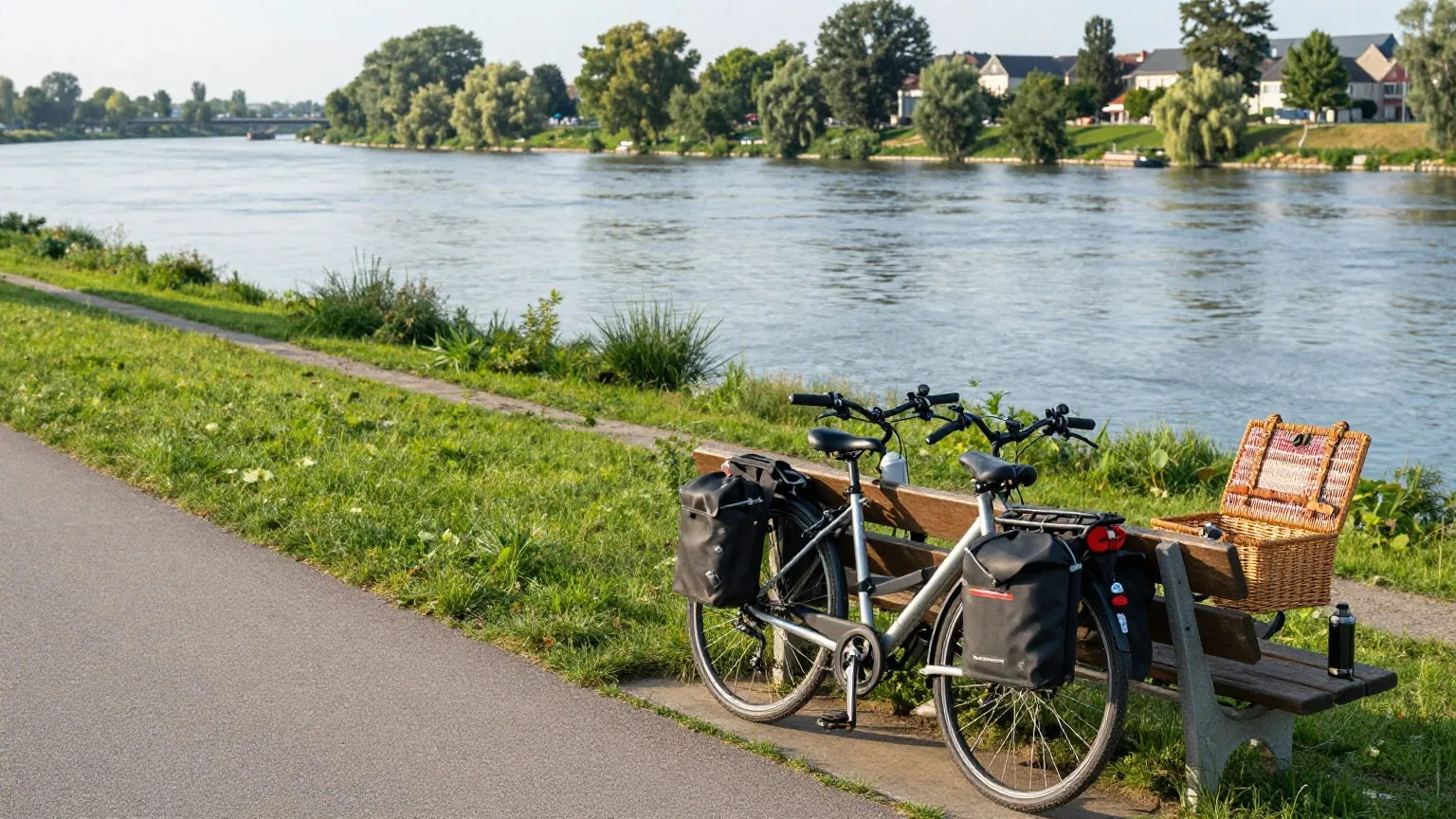 Zwei Reiseräder mit Packtaschen lehnen an einer Holzbank am Elbufer, darauf ein Picknickkorb und eine Thermoskanne